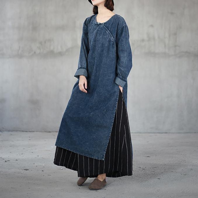 boutique denim blue natural cotton dress  oversize o neck traveling dress vintage side open caftans - Omychic