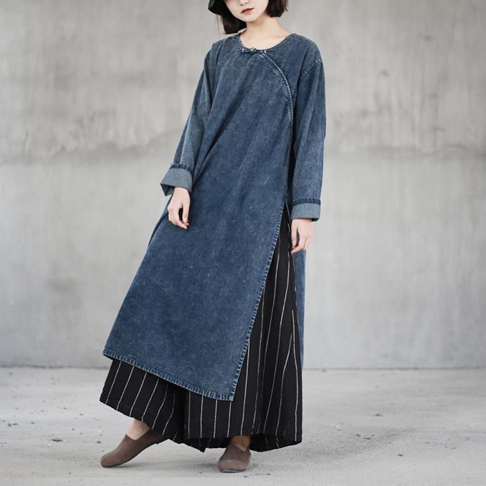 boutique denim blue natural cotton dress  oversize o neck traveling dress vintage side open caftans - Omychic