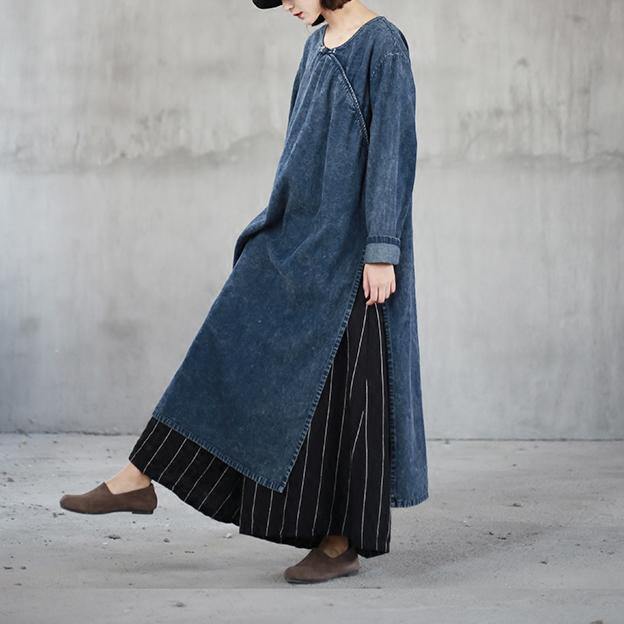 boutique denim blue natural cotton dress  oversize o neck traveling dress vintage side open caftans - Omychic