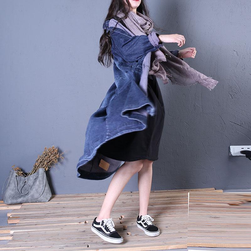 boutique denim blue overcoat oversize fall women coats patchwork Button Down - Omychic