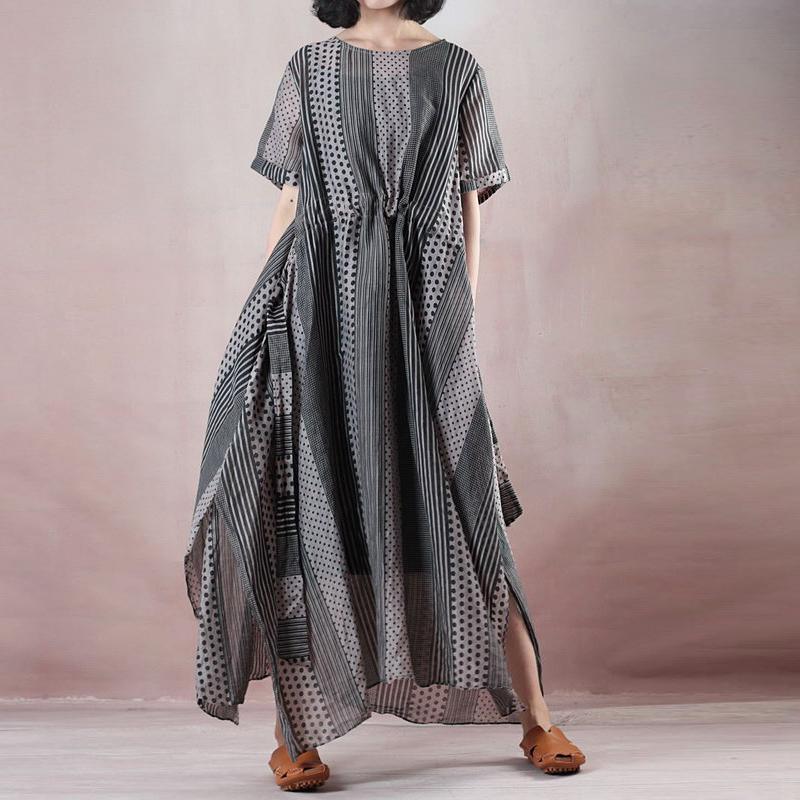 boutique floral long silk linen dresses oversized o neck dotted caftans women Spaghetti Strap elastic waist silk linen caftans - Omychic