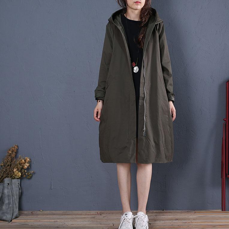 boutique gray green coat oversized mid-length coats fall hooded zippered - Omychic