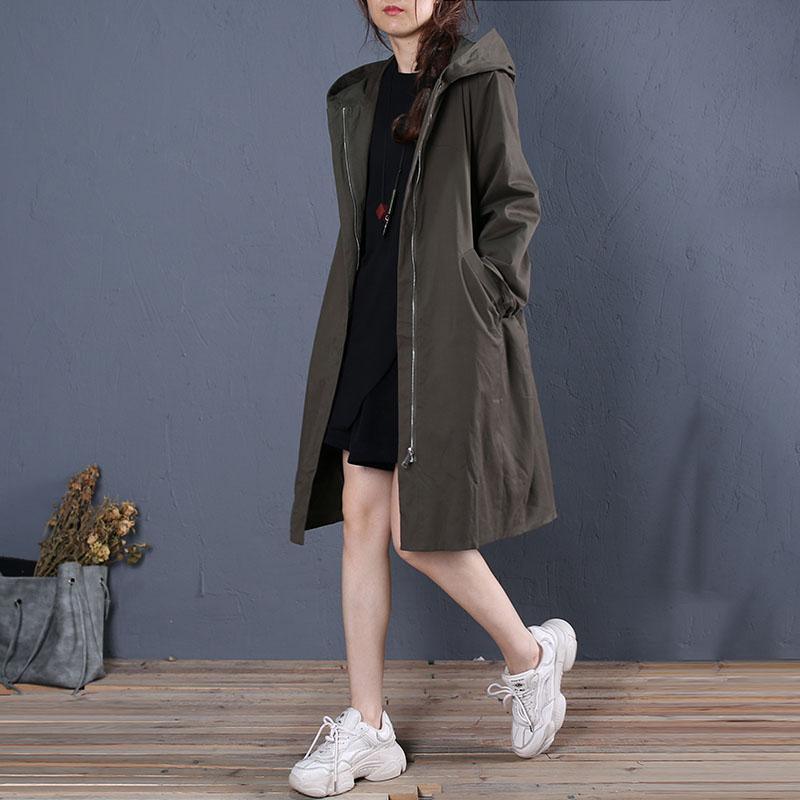 boutique gray green coat oversized mid-length coats fall hooded zippered - Omychic
