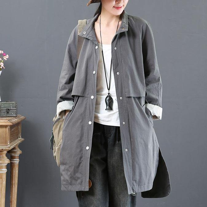 boutique gray outwear plus size winter fall coat pockets stand collar - Omychic