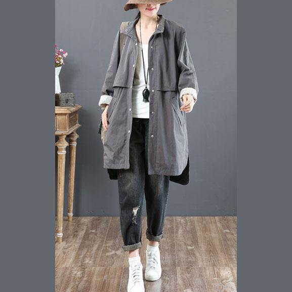 boutique gray outwear plus size winter fall coat pockets stand collar - Omychic