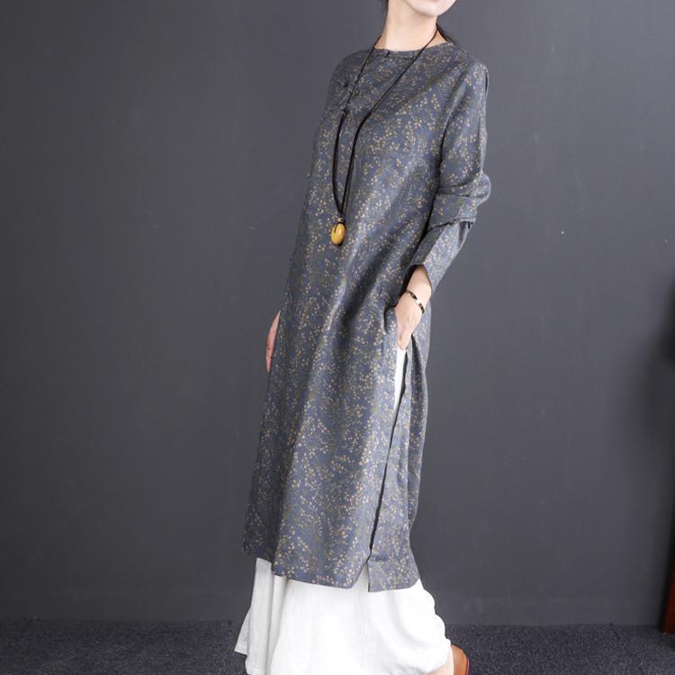 boutique gray print long cotton dress oversize O neck gown boutique long sleeve baggy dresses - Omychic