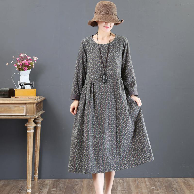 boutique gray prints natural cotton dress plus size clothing holiday dresses long sleeve women o neck natural cotton dress - Omychic