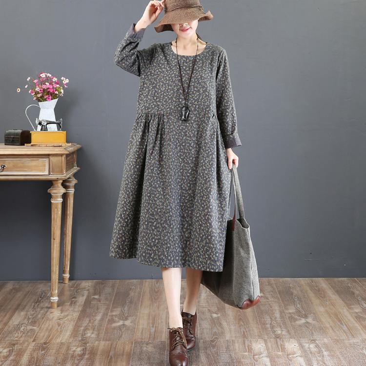 boutique gray prints natural cotton dress plus size clothing holiday dresses long sleeve women o neck natural cotton dress - Omychic