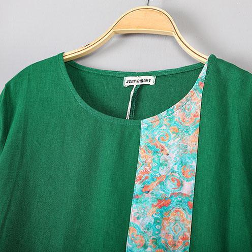 boutique green  natural linen dress oversized traveling clothing o neck vintage patchwork cotton dress - Omychic