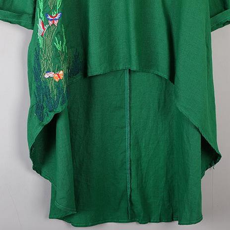 boutique green  pure linen blouse casual linen maxi t shirts Fine asymmetric hem embroidery brief t shirt - Omychic