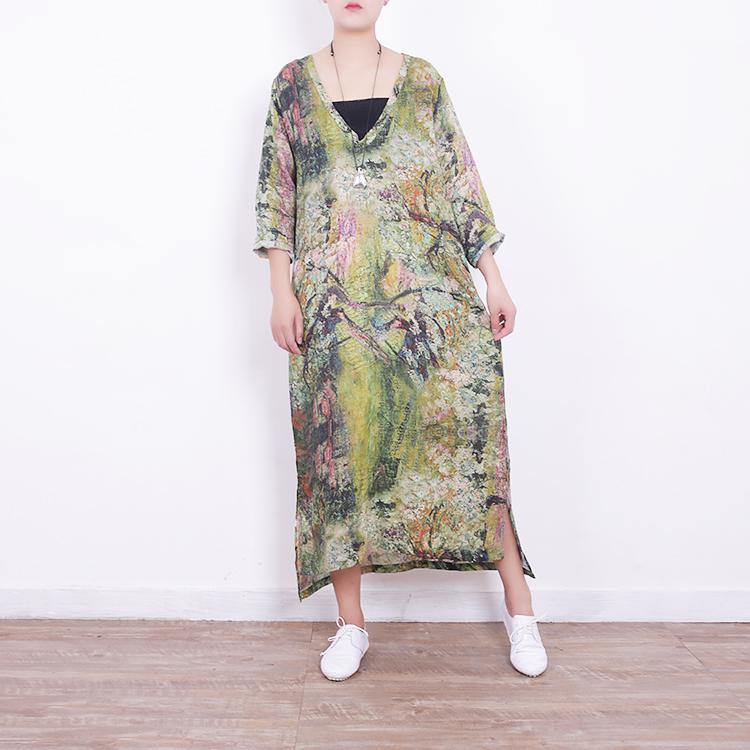 boutique green linen maxi dress Loose fitting v neck traveling dress Fine side open maxi dresses - Omychic
