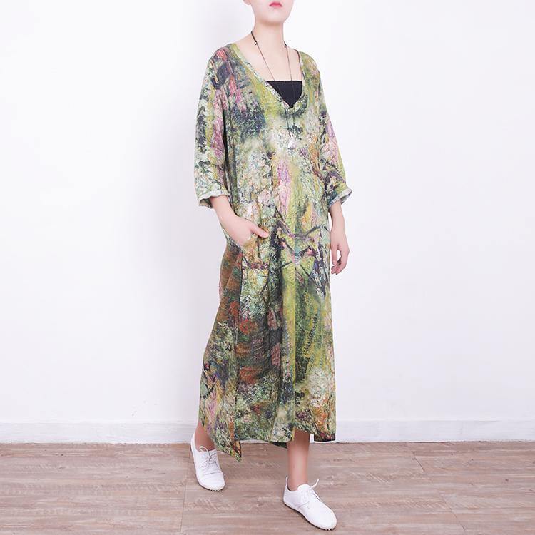 boutique green linen maxi dress Loose fitting v neck traveling dress Fine side open maxi dresses - Omychic