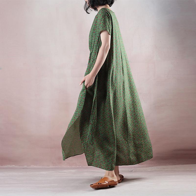 boutique green print long linen dresses oversized O neck short sleeve linen maxi dress New side open linen dress - Omychic