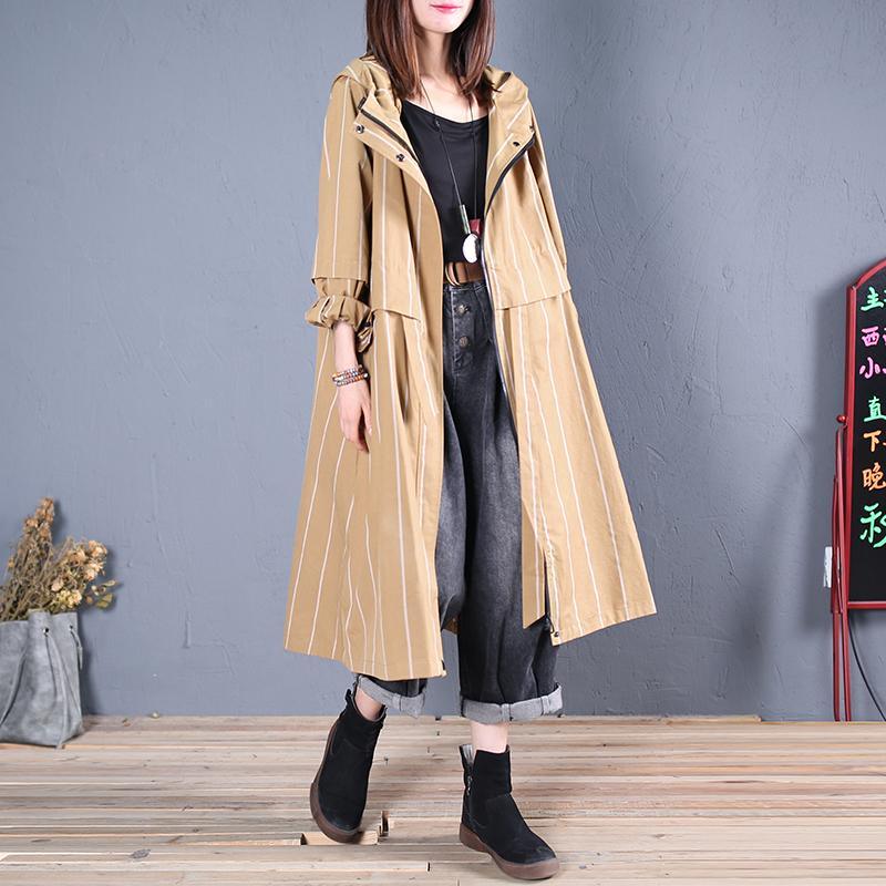 boutique khaki striped overcoat casual Coats fall hooded zippered - Omychic