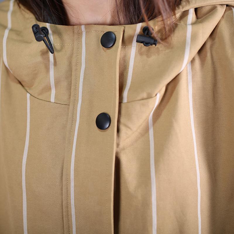 boutique khaki striped overcoat casual Coats fall hooded zippered - Omychic