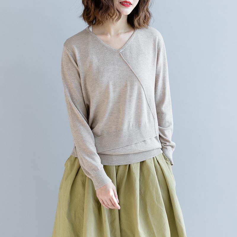 boutique light khaki  sweater oversize v neck knitted tops vintage asymmetric patchwork top - Omychic