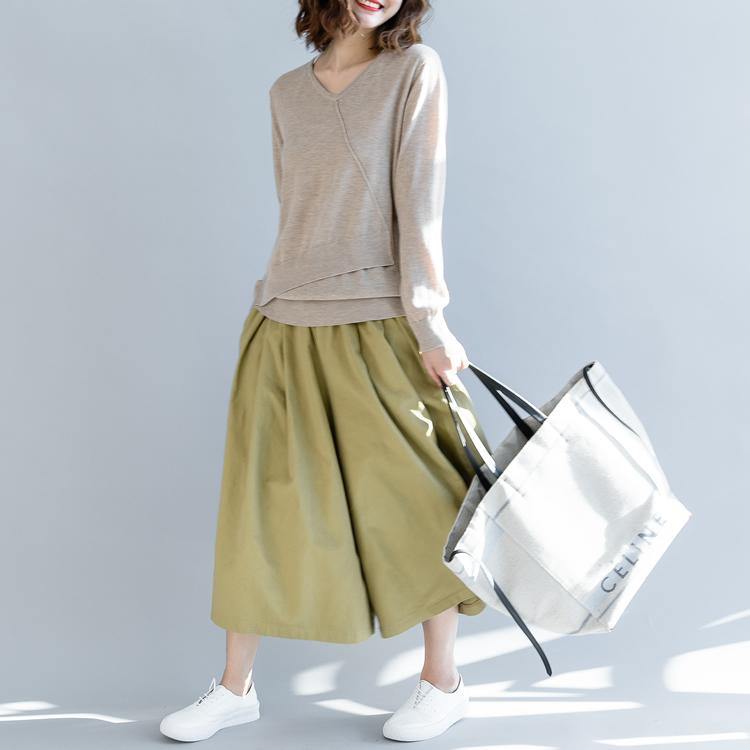 boutique light khaki  sweater oversize v neck knitted tops vintage asymmetric patchwork top - Omychic