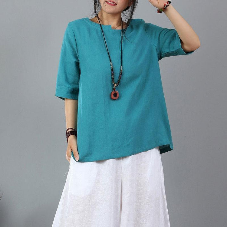 boutique linen blouse plus size Women Cotton Linen Short Sleeve Blue Pullover Tops - Omychic