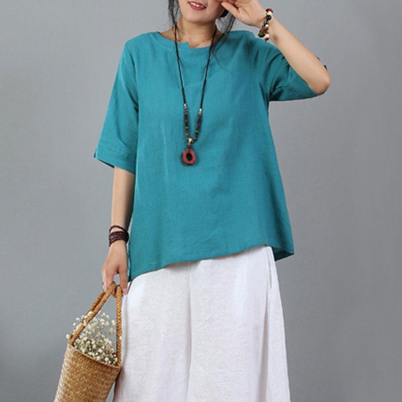 boutique linen blouse plus size Women Cotton Linen Short Sleeve Blue Pullover Tops - Omychic