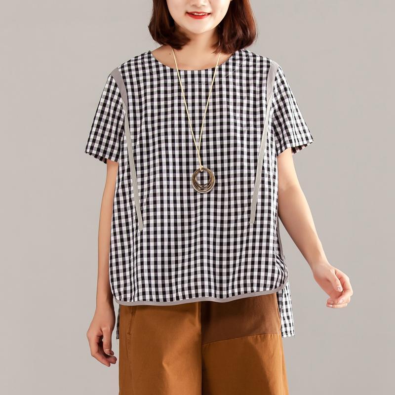 boutique natural cotton t shirt Loose fitting Women Gray Plaid Zipper Short Sleeve Summer Tops - Omychic