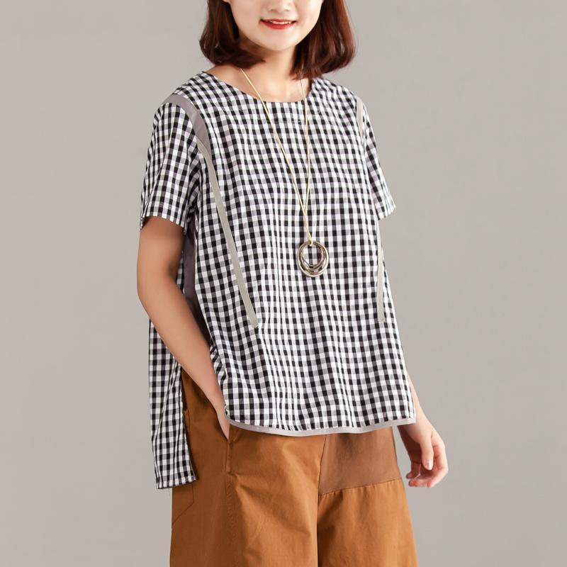 boutique natural cotton t shirt Loose fitting Women Gray Plaid Zipper Short Sleeve Summer Tops - Omychic