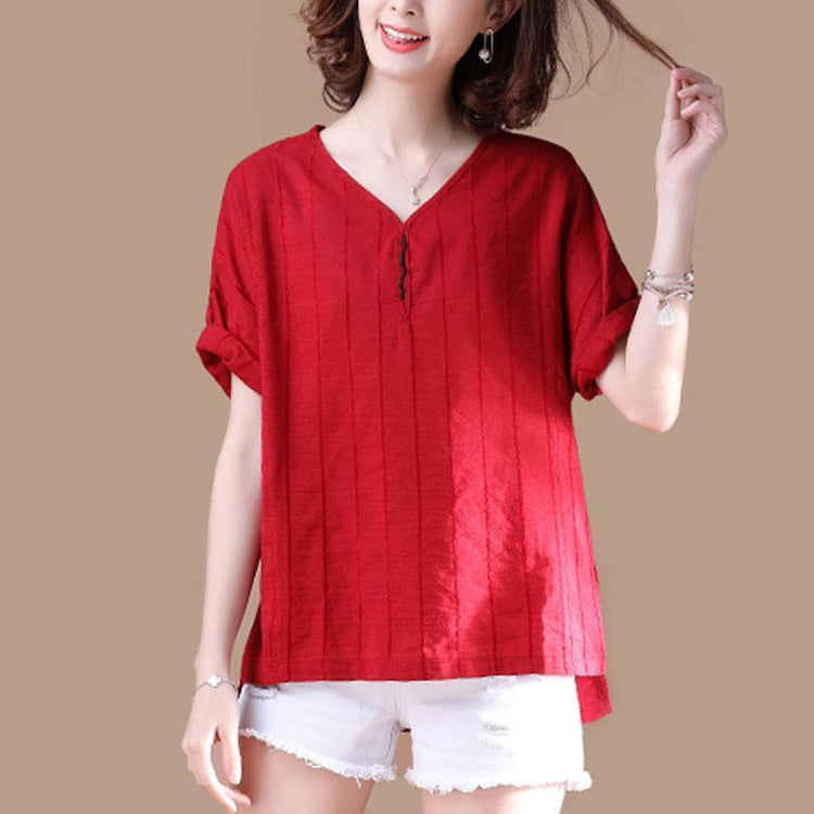 boutique natural linen t shirt Loose fitting V Neck Short Sleeve Stripe Summer Red T Shirt - Omychic