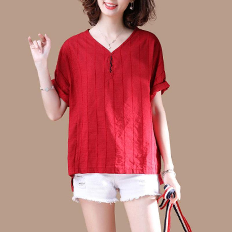 boutique natural linen t shirt Loose fitting V Neck Short Sleeve Stripe Summer Red T Shirt - Omychic
