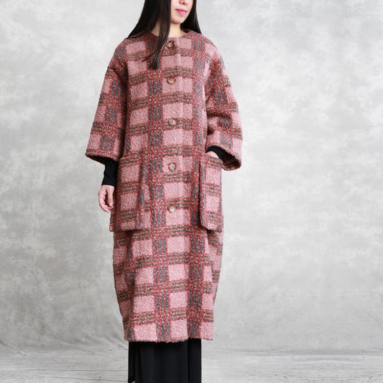 boutique oversized long winter coat red plaid pockets Button Woolen Coats - Omychic