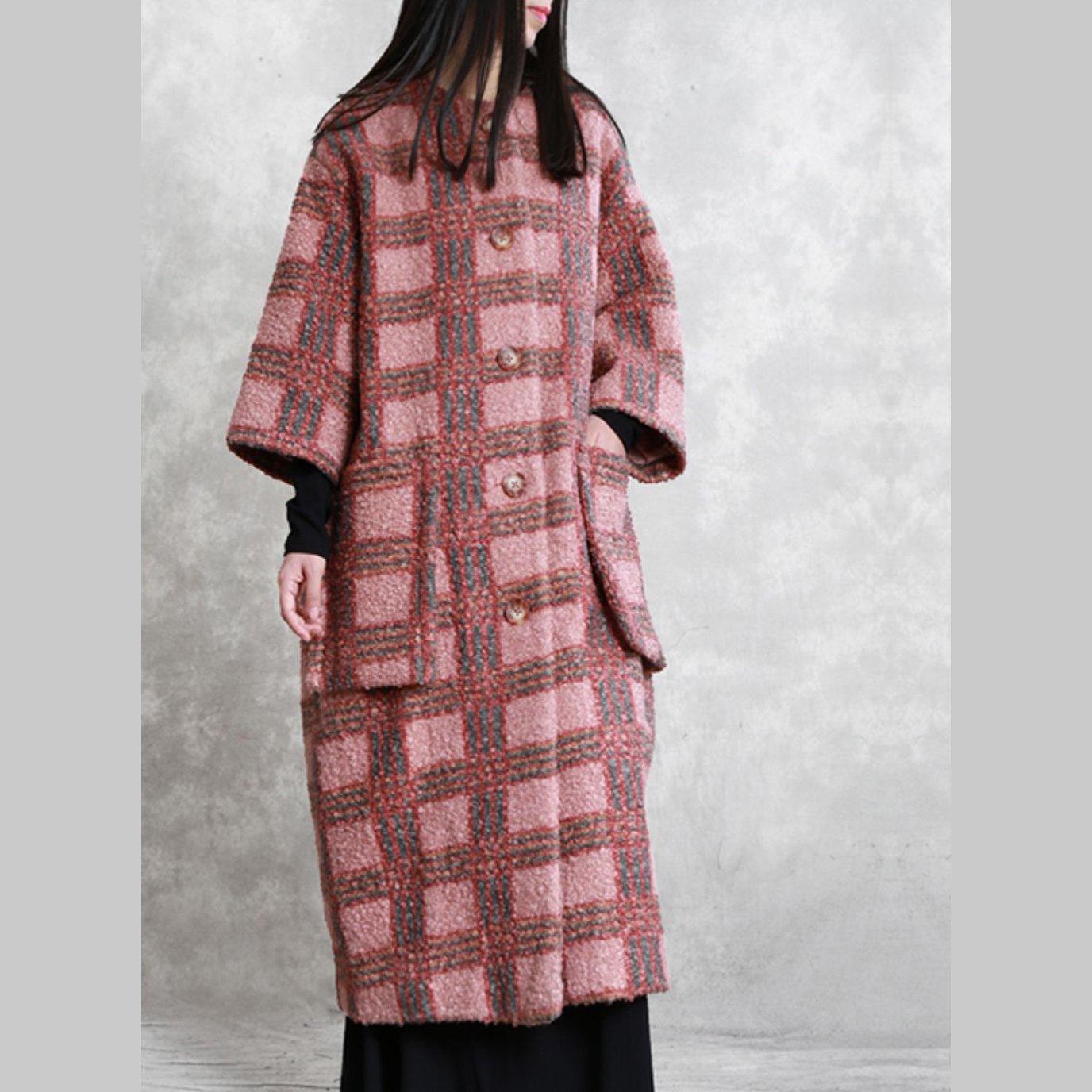 boutique oversized long winter coat red plaid pockets Button Woolen Coats - Omychic