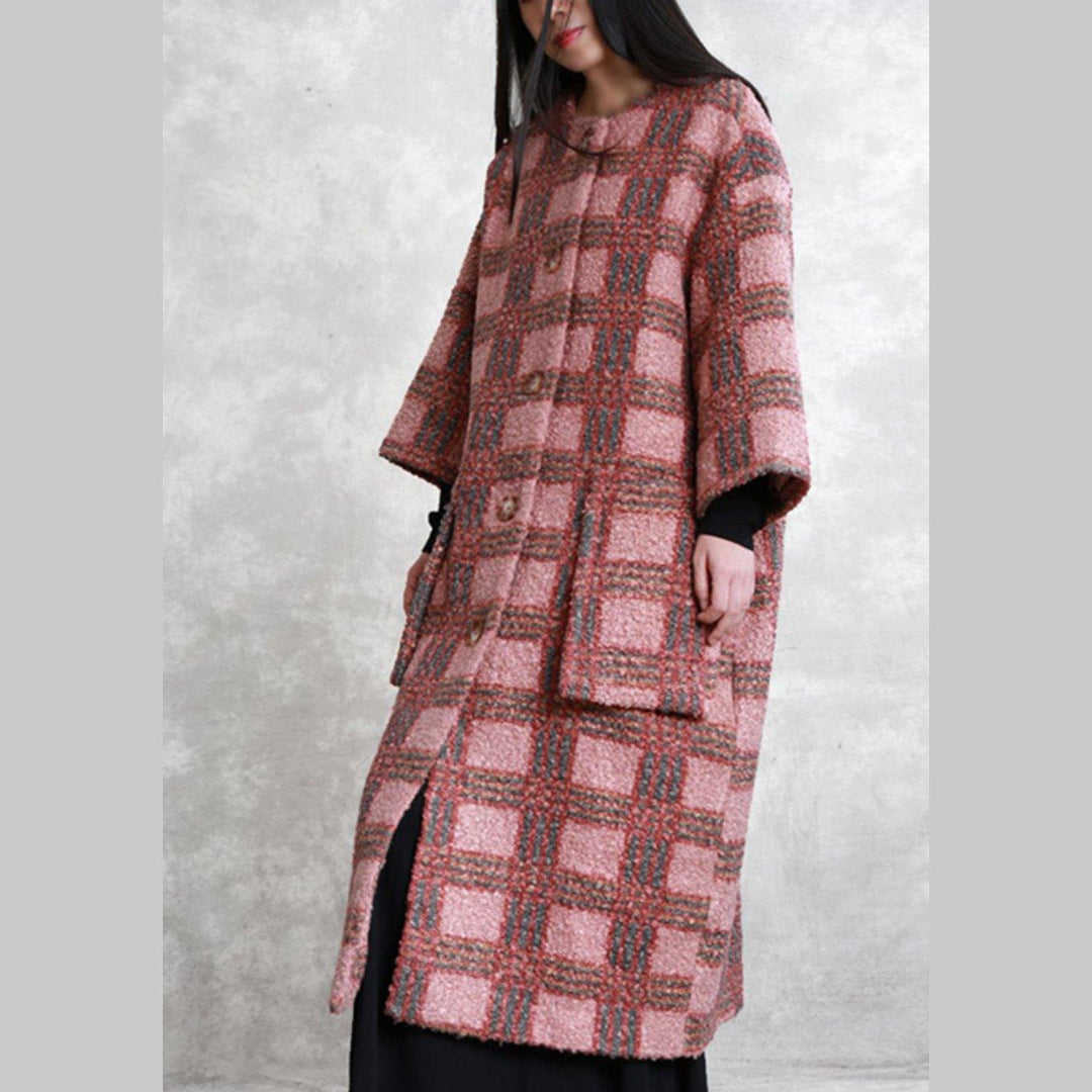 boutique oversized long winter coat red plaid pockets Button Woolen Coats - Omychic