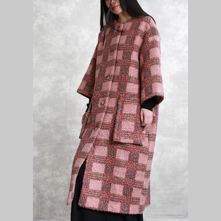 boutique oversized long winter coat red plaid pockets Button Woolen Coats - Omychic