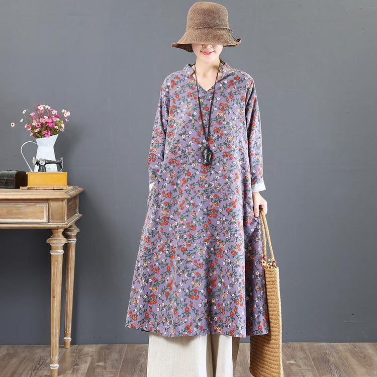 boutique purple prints cotton maxi dress oversized stand collar cotton clothing dress New loose waist autumn dress - Omychic