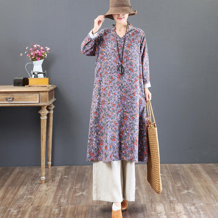 boutique purple prints cotton maxi dress oversized stand collar cotton clothing dress New loose waist autumn dress - Omychic