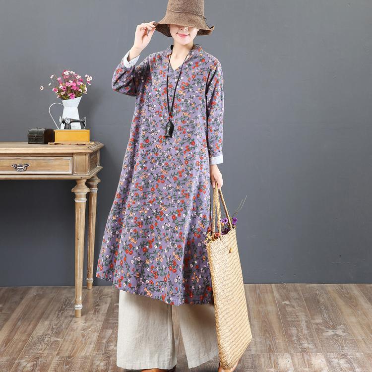 boutique purple prints cotton maxi dress oversized stand collar cotton clothing dress New loose waist autumn dress - Omychic