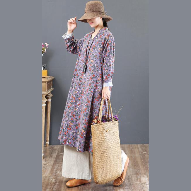 boutique purple prints cotton maxi dress oversized stand collar cotton clothing dress New loose waist autumn dress - Omychic