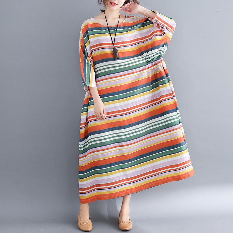 boutique rainbow striped long cotton blended dresses plus size o neck baggy dresses gown casual Three Quarter sleeve maxi dresses - Omychic