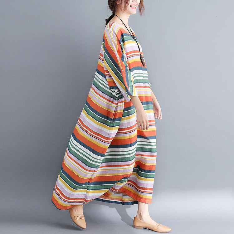 boutique rainbow striped long cotton blended dresses plus size o neck baggy dresses gown casual Three Quarter sleeve maxi dresses - Omychic