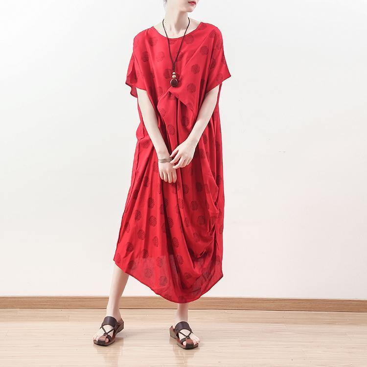 boutique red dotted natural linen dress oversized draping traveling clothing casual o neck maxi dresses - Omychic