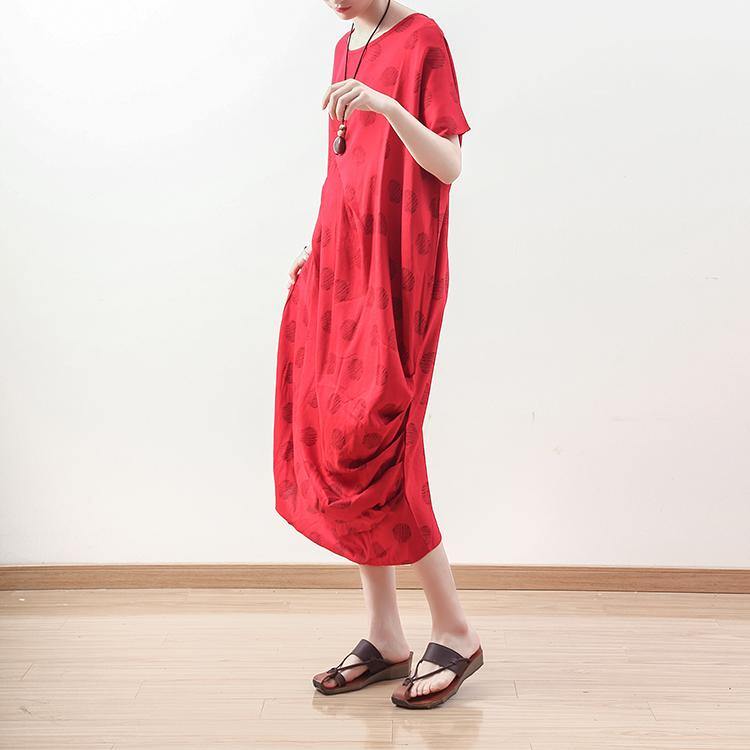 boutique red dotted natural linen dress oversized draping traveling clothing casual o neck maxi dresses - Omychic