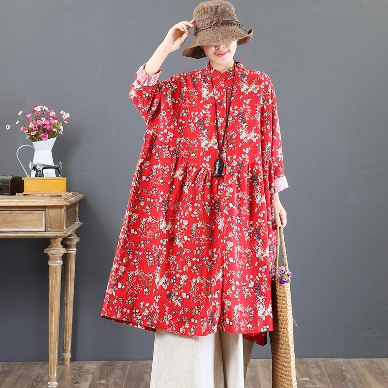 boutique red fall dress trendy plus size prints cotton clothing dress top quality stand collar cotton caftans - Omychic