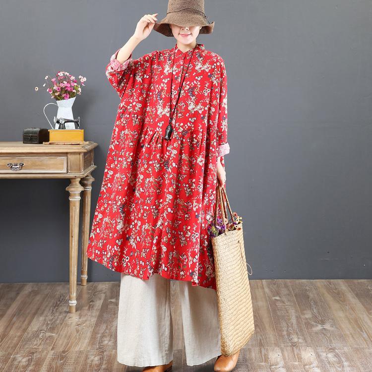 boutique red fall dress trendy plus size prints cotton clothing dress top quality stand collar cotton caftans - Omychic