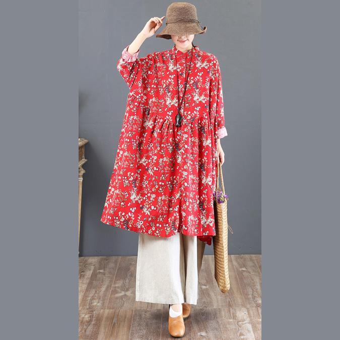 boutique red fall dress trendy plus size prints cotton clothing dress top quality stand collar cotton caftans - Omychic