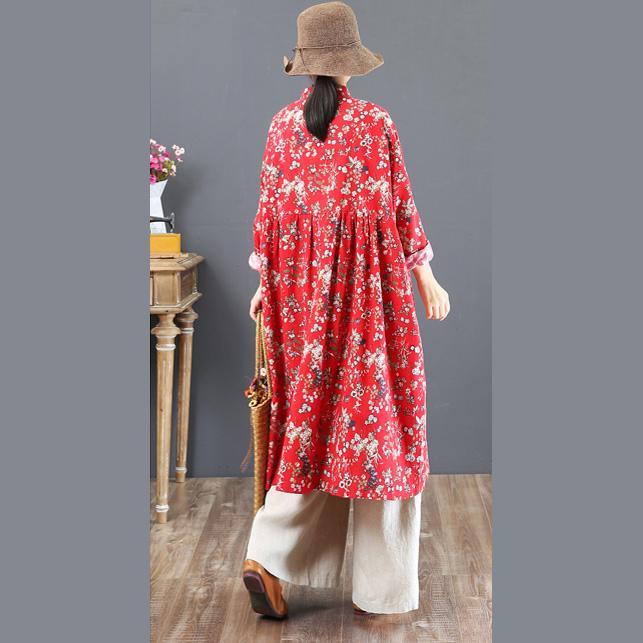 boutique red fall dress trendy plus size prints cotton clothing dress top quality stand collar cotton caftans - Omychic