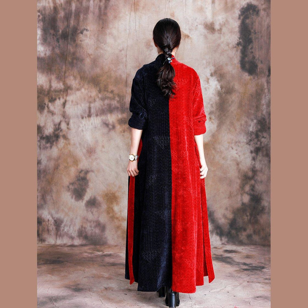 boutique red patchwork blue woolen coats oversize v neck tie waist long coat - Omychic