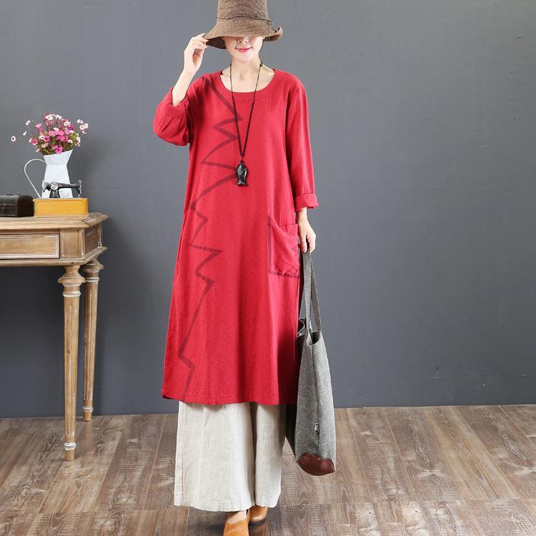 boutique red prints fall dress plus size clothing o neck traveling dress Elegant big pockets maxi dresses - Omychic