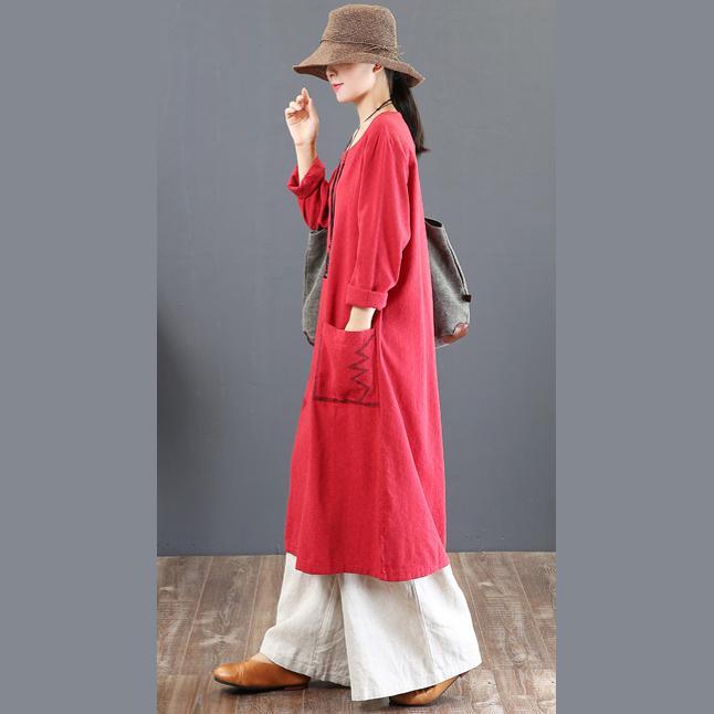 boutique red prints fall dress plus size clothing o neck traveling dress Elegant big pockets maxi dresses - Omychic