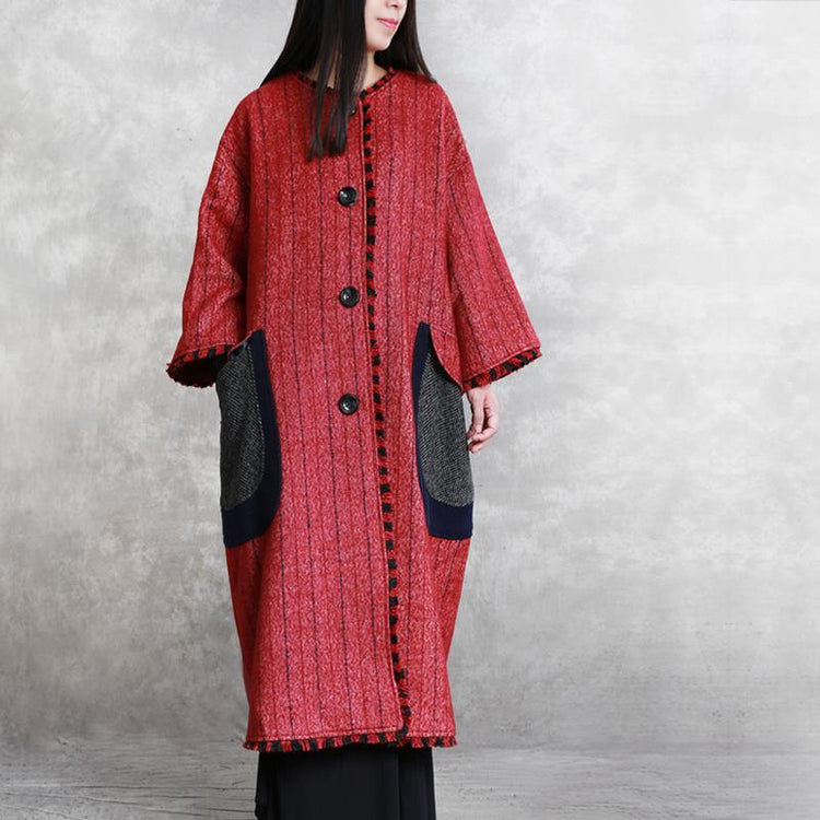boutique red striped woolen outwear plus size Jackets & Coats o neck pockets outwear - Omychic