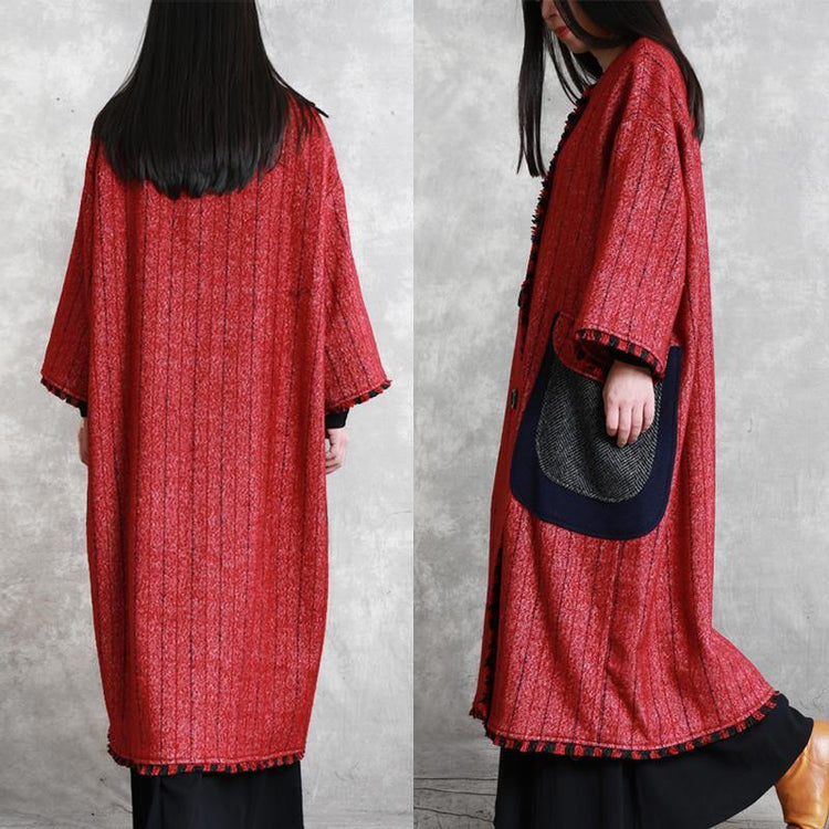 boutique red striped woolen outwear plus size Jackets & Coats o neck pockets outwear - Omychic