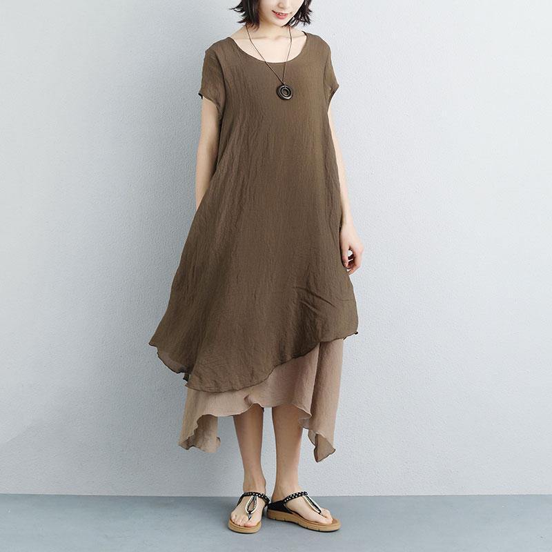 boutique summer maxi dress plus size False Two-piece Short Sleeve Coffee Plain Dress - Omychic