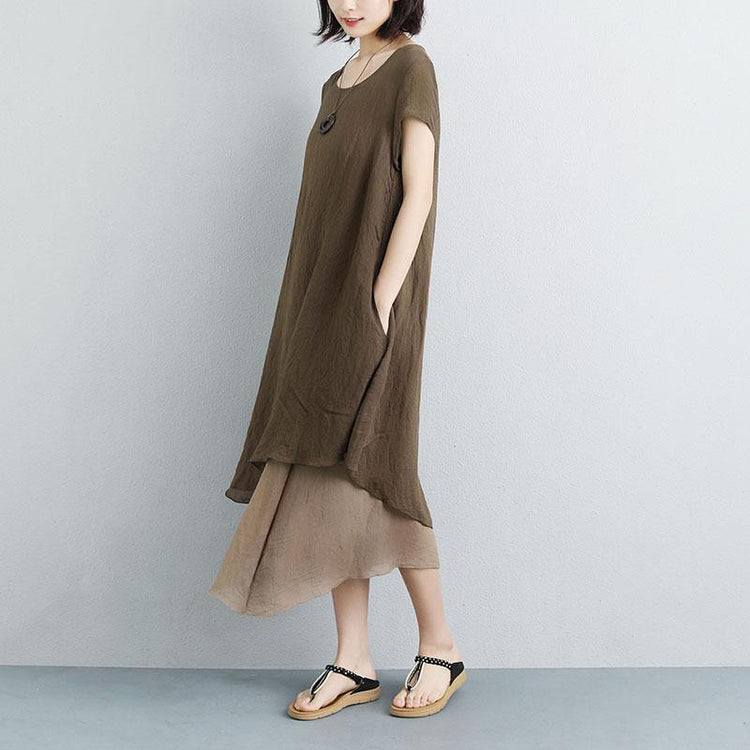 boutique summer maxi dress plus size False Two-piece Short Sleeve Coffee Plain Dress - Omychic
